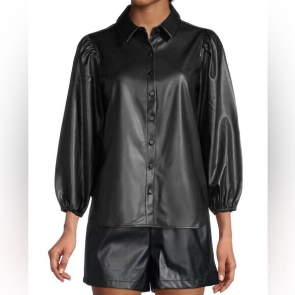 BCBGeneration Black Faux Leather Button Front Shirt - Picture 1 of 10